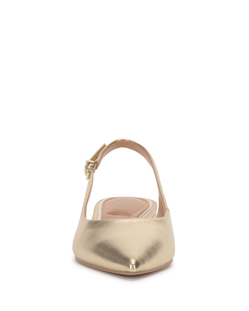 Front view of the Vince Camuto Valiey Slingback Pump—gold metallic, pointed-toe flat with ankle strap and buckle, featuring a sleek slingback mule design—displayed against a white background.