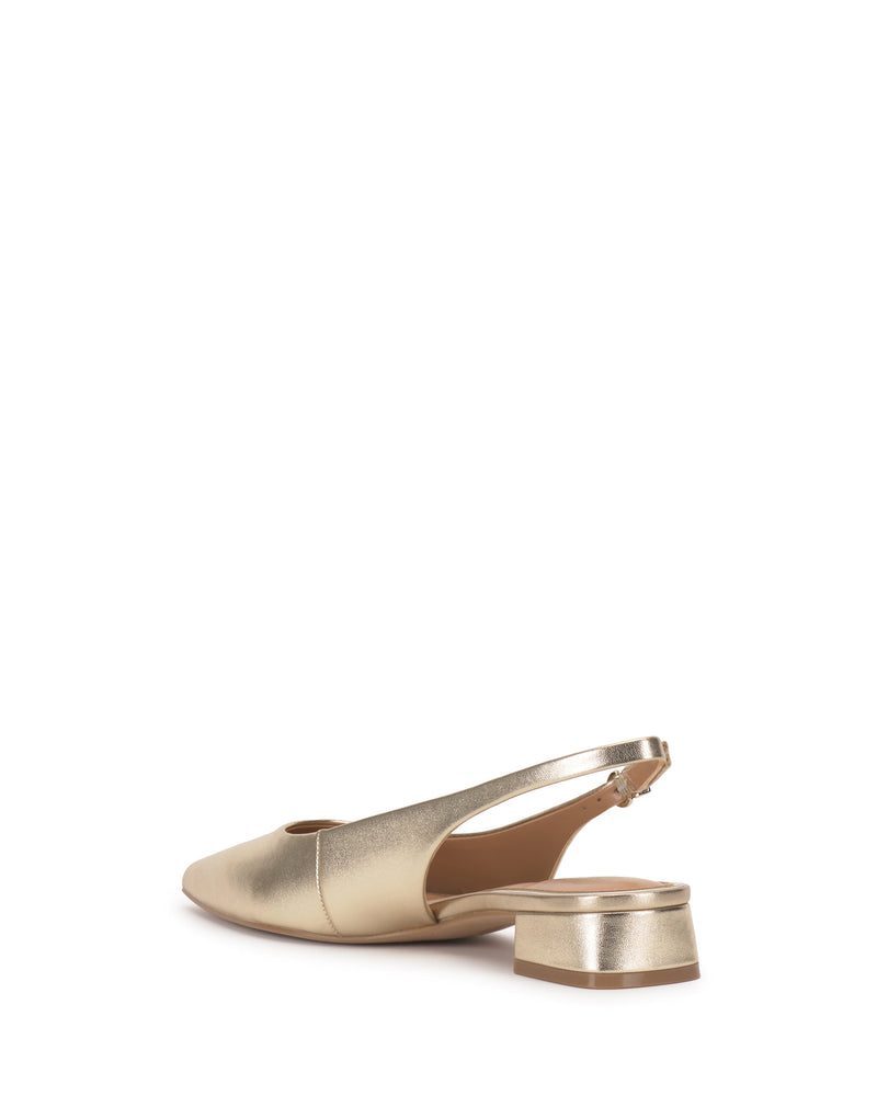 The Valiey Slingback Pump by Vince Camuto is a metallic gold mule with a low block heel, pointed toe, and ankle strap, shown against a white background.