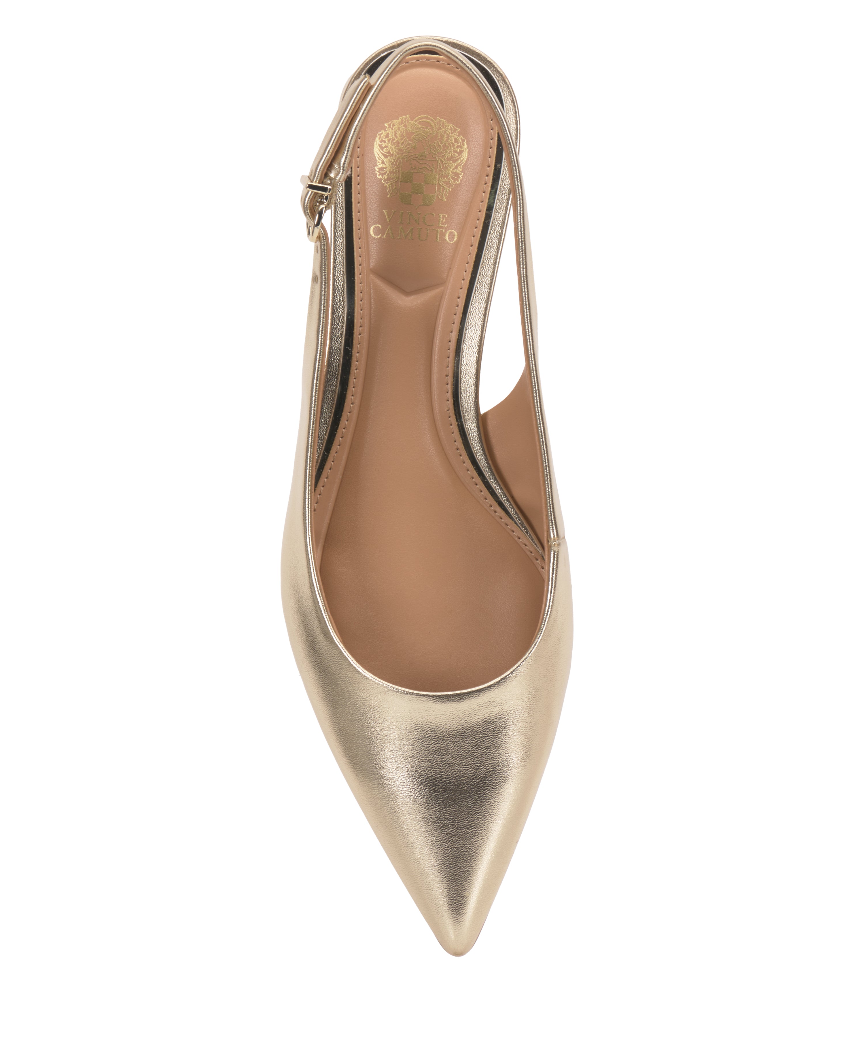 Top view of the Valiey Slingback Pump by Vince Camuto—a metallic gold pointed toe mule flat with a tan insole, small side buckle, and Vince Camuto logo visible on the insole near the heel.