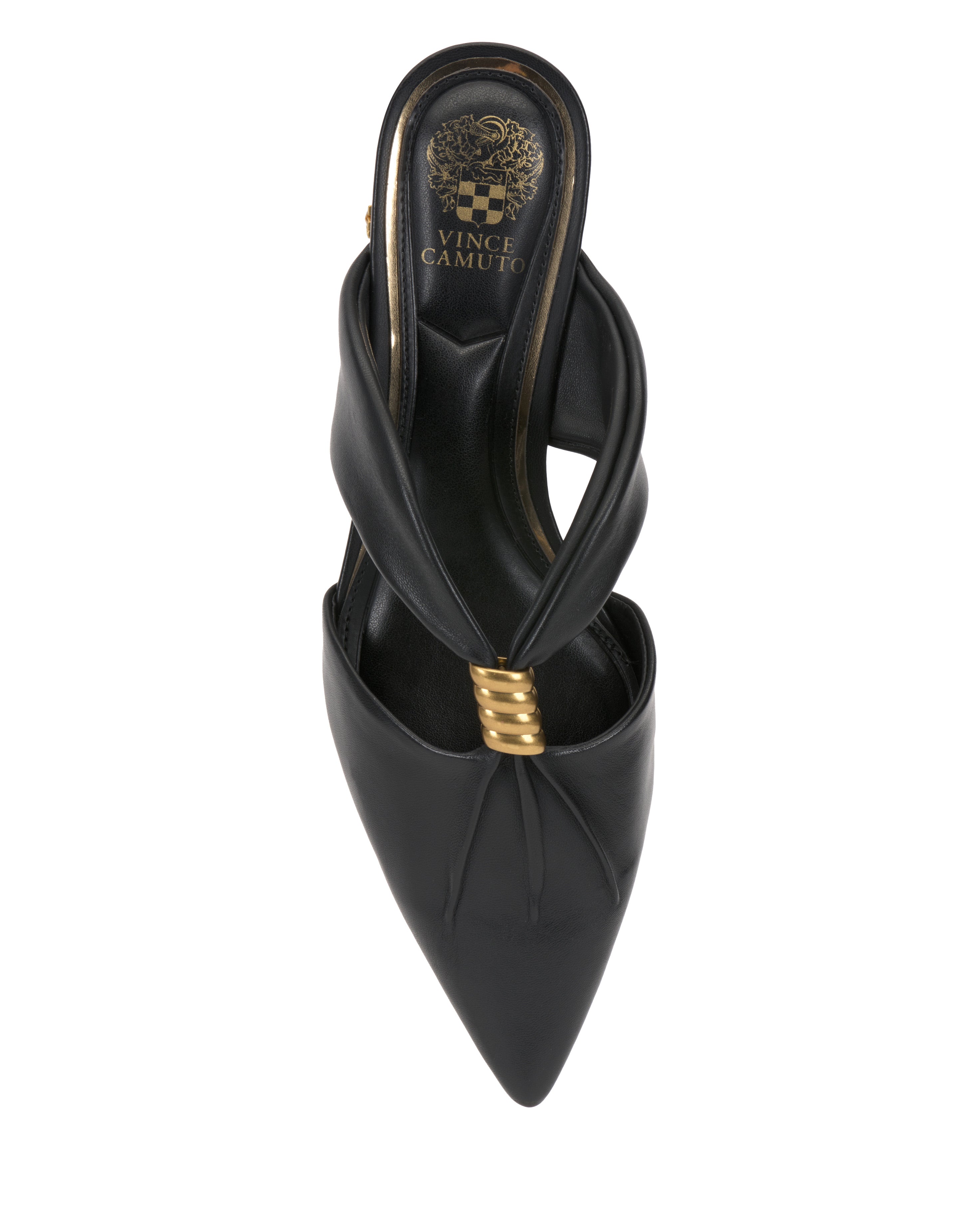 Top view of the Vanika Mule by Vince Camuto, featuring a pointed toe, twisted leather straps with gold rings at the center, and an insole adorned with the Vince Camuto logo in gold.