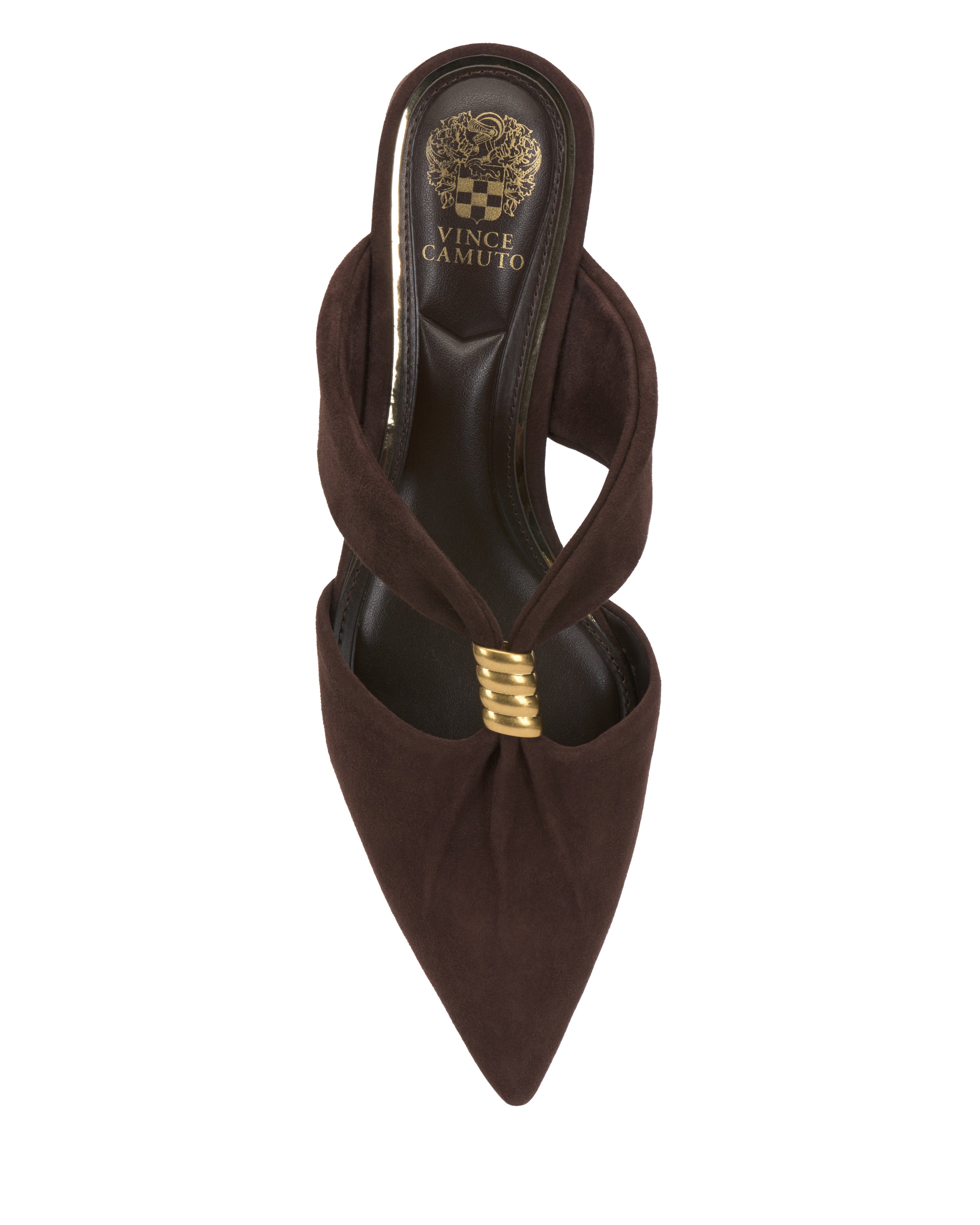 Top view of the Vanika Mule by Vince Camuto with a brown pointed toe, twisted straps and gold ring detail, low block heel, and gold Vince Camuto logo on the insole.