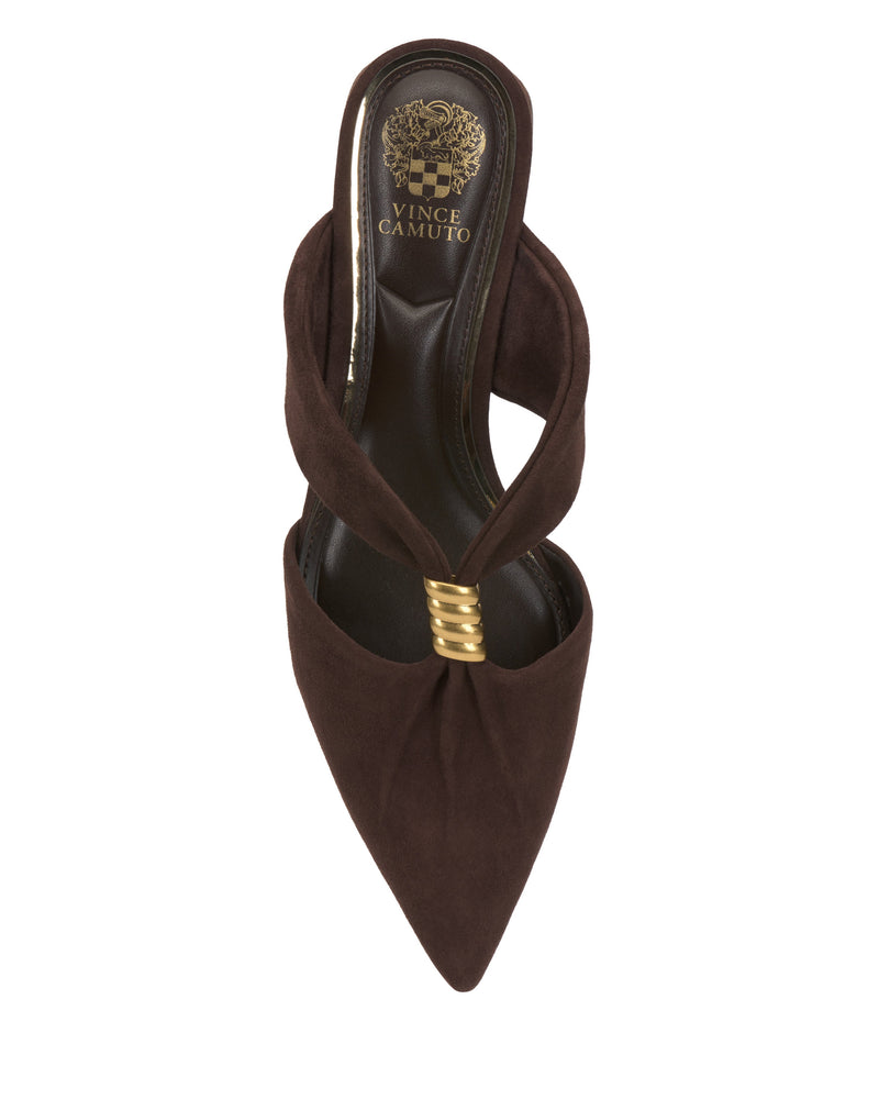 Top view of the Vanika Mule by Vince Camuto with a brown pointed toe, twisted straps and gold ring detail, low block heel, and gold Vince Camuto logo on the insole.