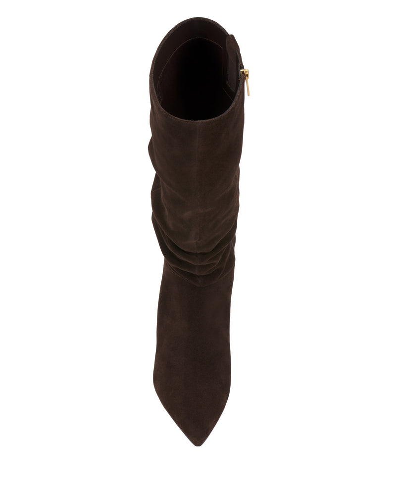 Top-down view of the Vince Camuto Vanisa Wide Calf Knee High Boot in dark brown suede, featuring a pointed toe and side zipper, photographed on a white background.