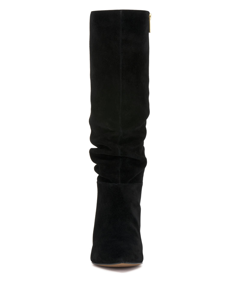 Front view of the Vince Camuto Vanisa Knee High Boot—a single black suede knee-high boot featuring a slightly slouchy shaft and pointed toe, displayed against a white background.