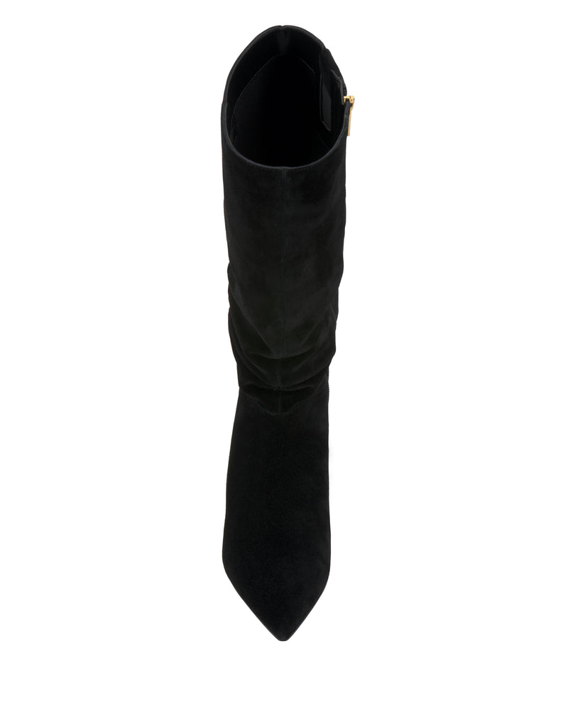 The Vanisa Knee High Boot by Vince Camuto in black suede is shown from above, highlighting the pointed toe, boot opening, shaft, and a partially visible side zipper.