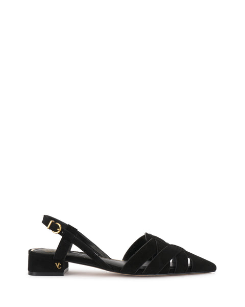 The Vinesha Sandal by Vince Camuto showcases a black suede woven design with crisscross straps, pointed toe, low block heel, gold buckle ankle strap, and a small gold logo on the heel. Shown against a white background.