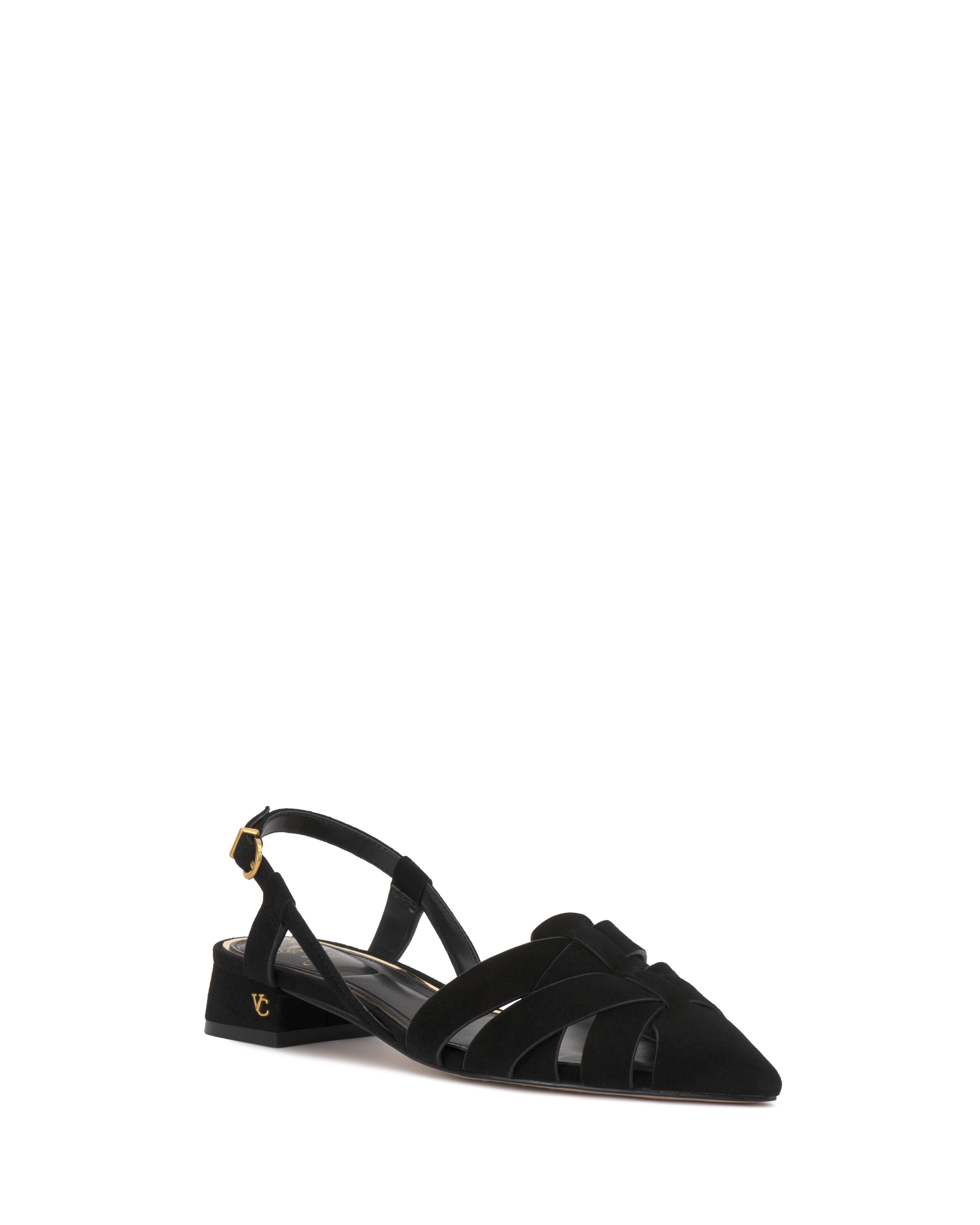 The Vinesha Sandal by Vince Camuto is a black pointed-toe slingback flat featuring a woven design, cutout details, low block heel, gold buckle, and a small gold logo on the heel.