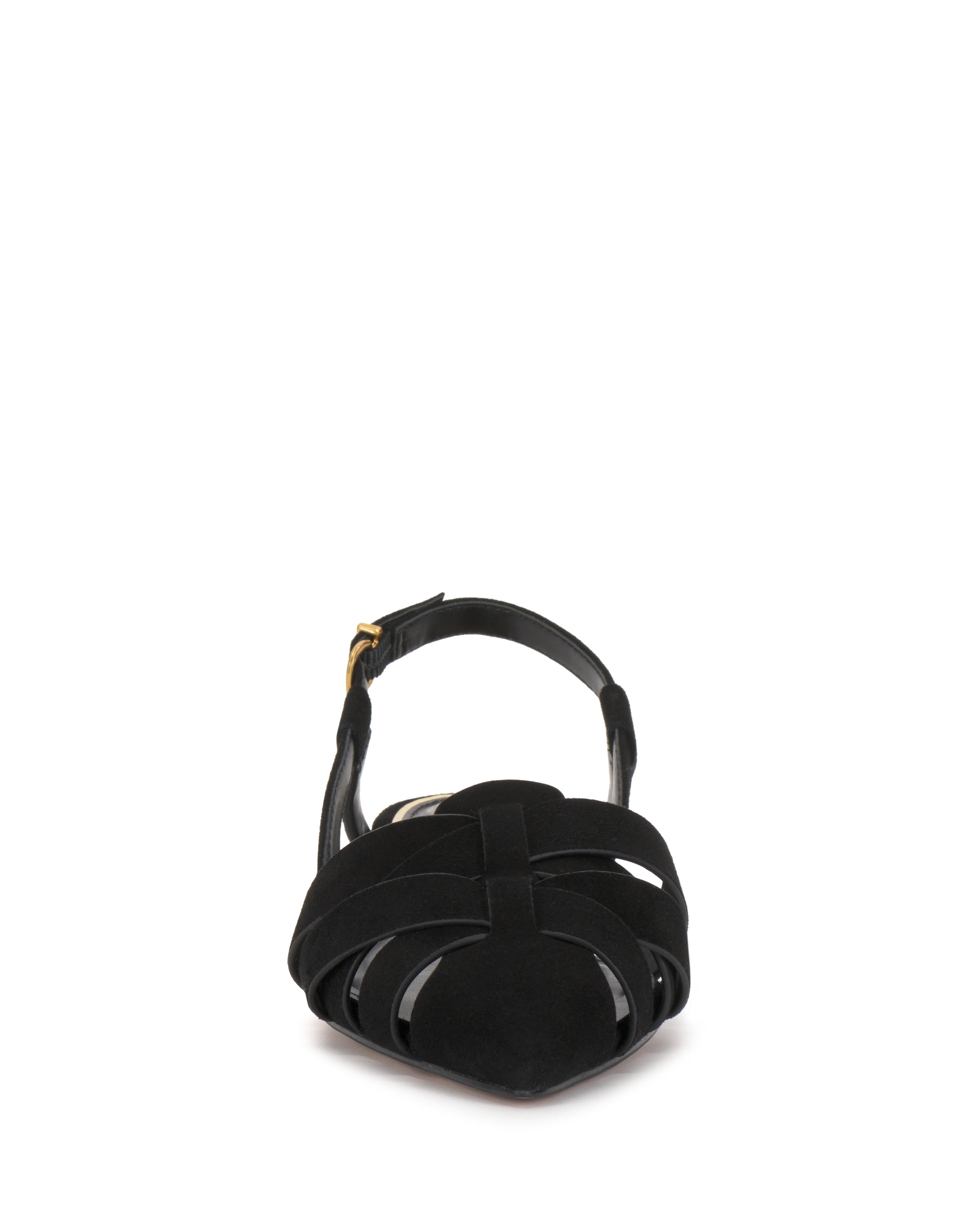 Front view of the Vince Camuto Vinesha Sandal in black, featuring a closed toe, woven suede design, and an ankle strap with a small gold buckle.