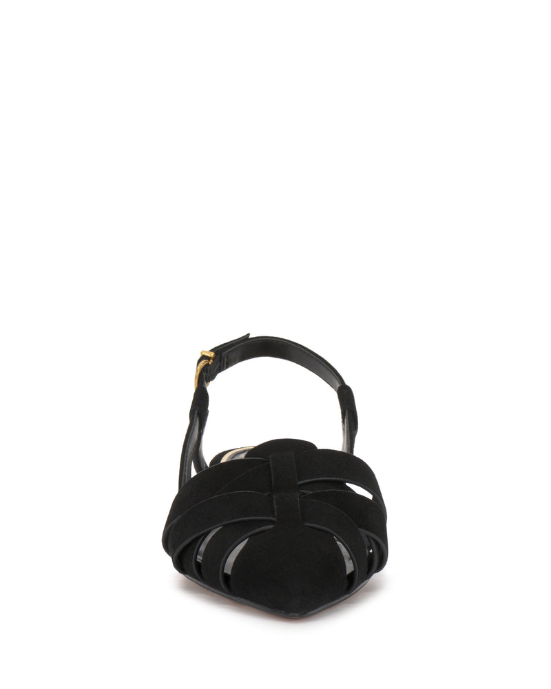 Front view of the Vince Camuto Vinesha Sandal in black, featuring a closed toe, woven suede design, and an ankle strap with a small gold buckle.