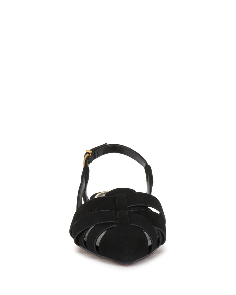 Front view of the Vince Camuto Vinesha Sandal in black, showcasing a closed woven toe, ankle strap with gold buckle, and comfortable low block heel.
