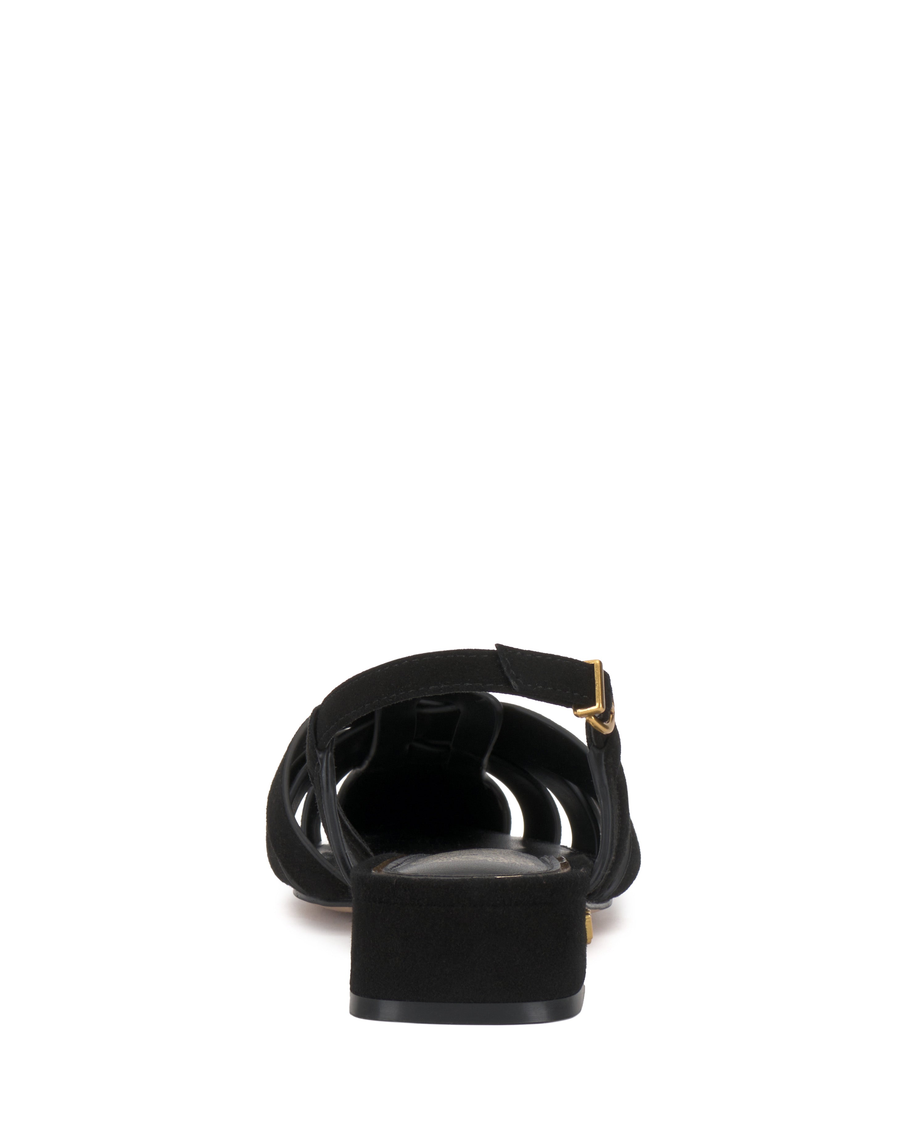 Rear view of the Vince Camuto Vinesha Sandal, showcasing a low block heel, ankle strap with gold buckle, and subtle woven detail, set against a white background.