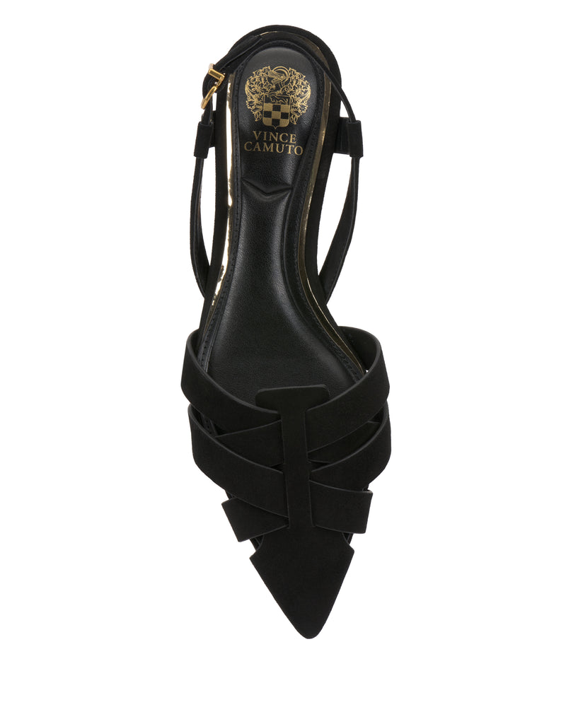 The Vinesha Sandal by Vince Camuto is a black women's pointed-toe slingback flat with crisscross straps, a gold buckle, and Vince Camuto branding on the insole.