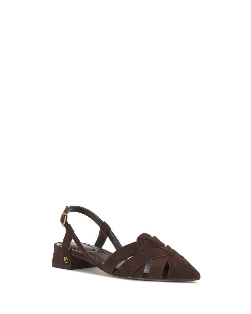 The Vinesha Sandal by Vince Camuto is a brown suede pointed-toe slingback flat with cutout details, a low heel, and a gold buckle on the ankle strap.