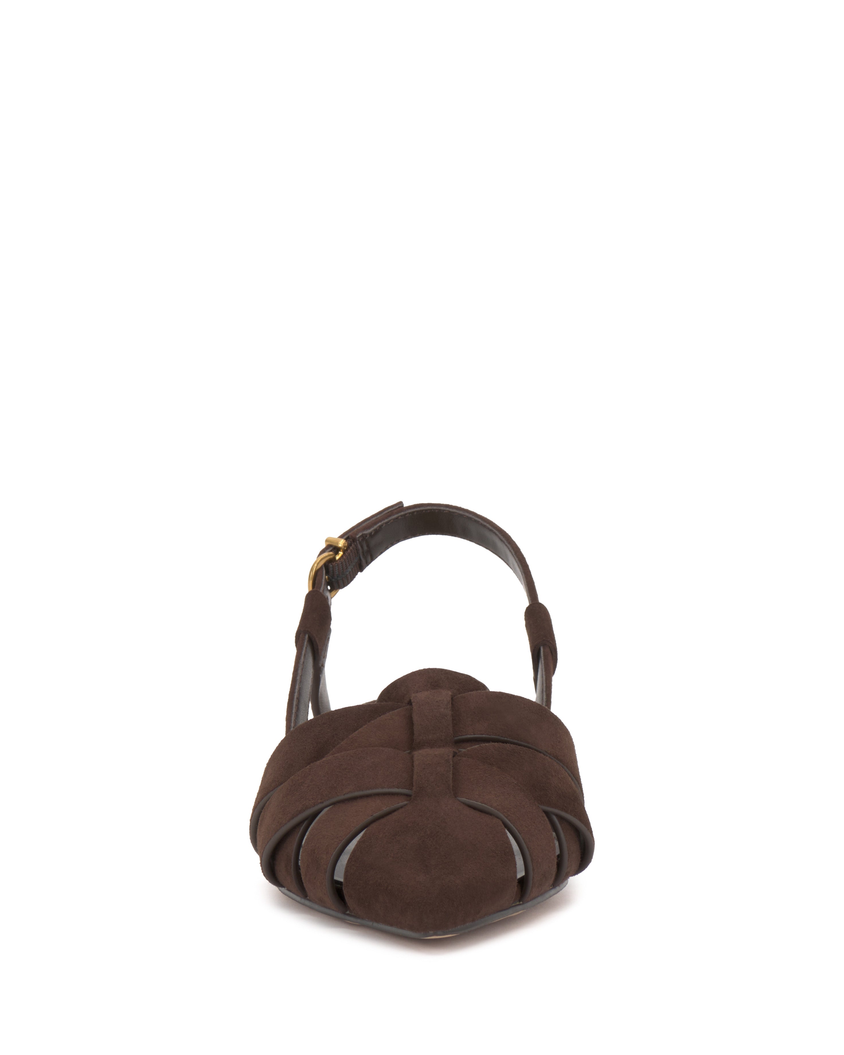 Front view of the Vince Camuto Vinesha Sandal in brown suede, showcasing woven straps and an ankle strap with a small gold buckle.