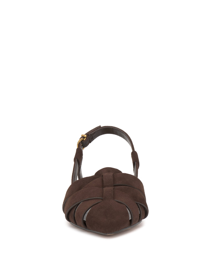 Front view of the Vince Camuto Vinesha Sandal in brown suede, showcasing woven straps and an ankle strap with a small gold buckle.