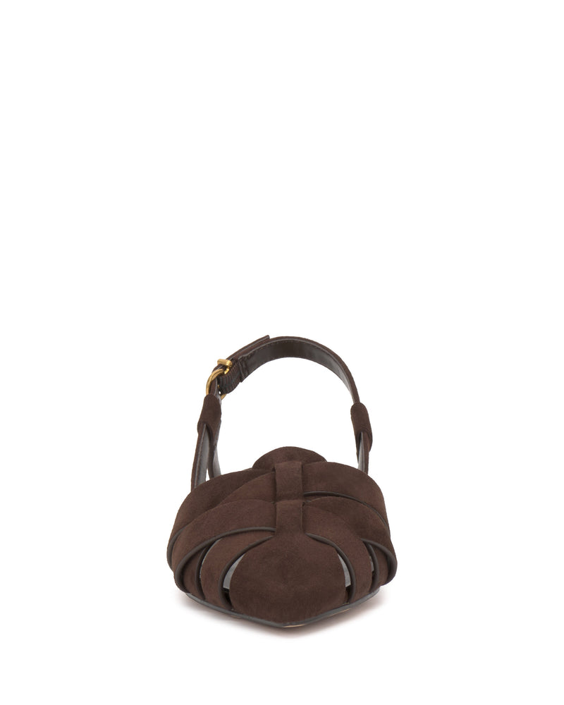 Front view of the Vinesha Sandal by Vince Camuto, a brown suede women’s shoe with a woven closed pointed toe and a single ankle strap featuring a gold buckle.