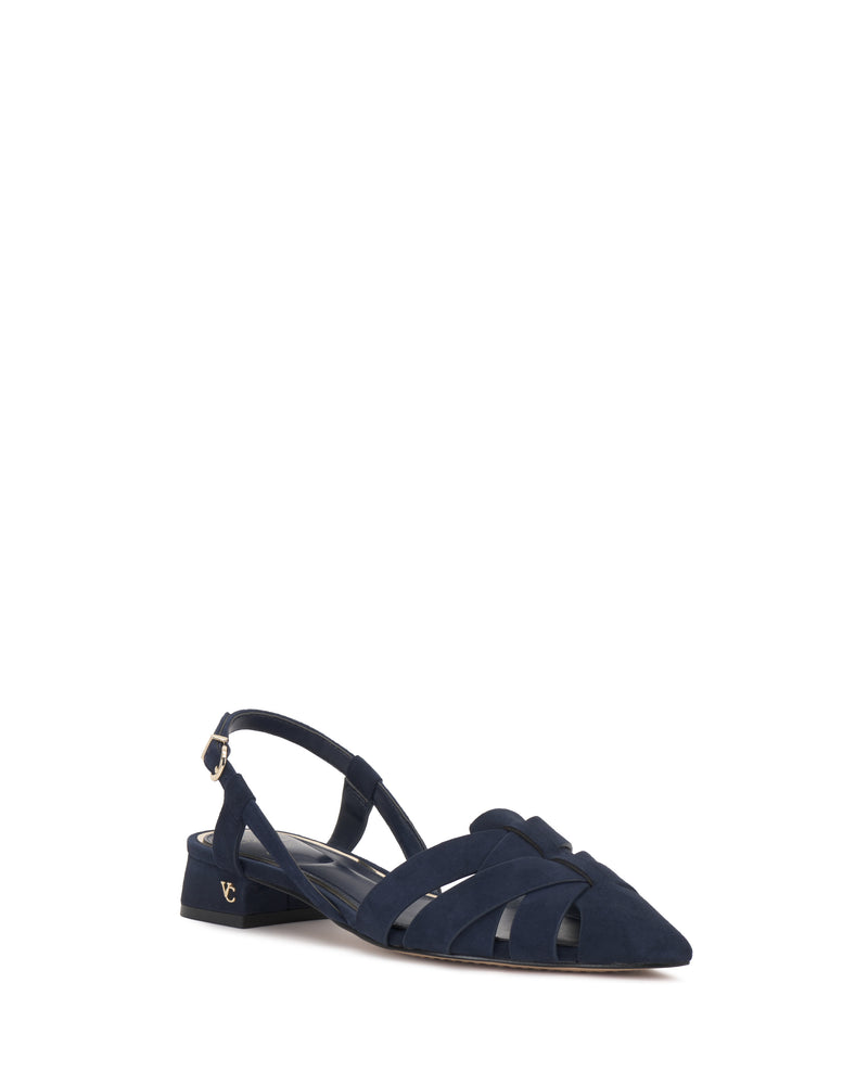 The Vinesha Sandal by Vince Camuto features navy blue suede, a pointed toe, cutout sides, and a slingback strap with a small gold buckle. A low heel with a gold accent near the sole completes this elegant flat sandal.