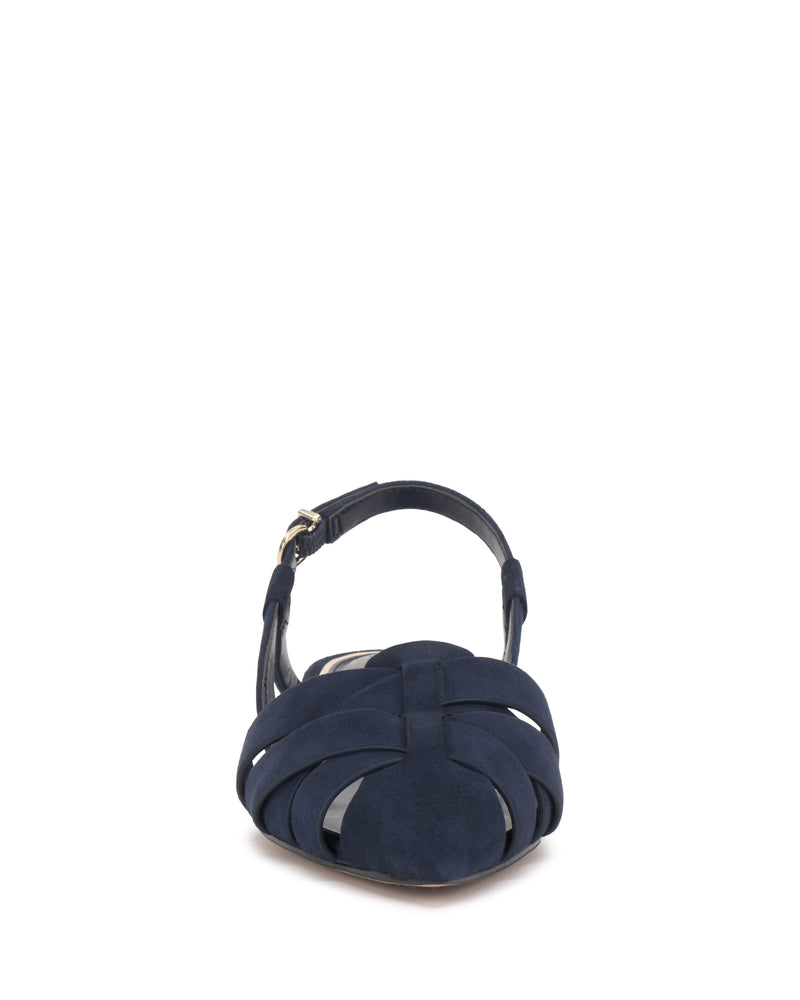 Front view of the Vince Camuto Vinesha Sandal in navy blue suede, featuring interwoven straps and an ankle buckle strap, shown on a white background.