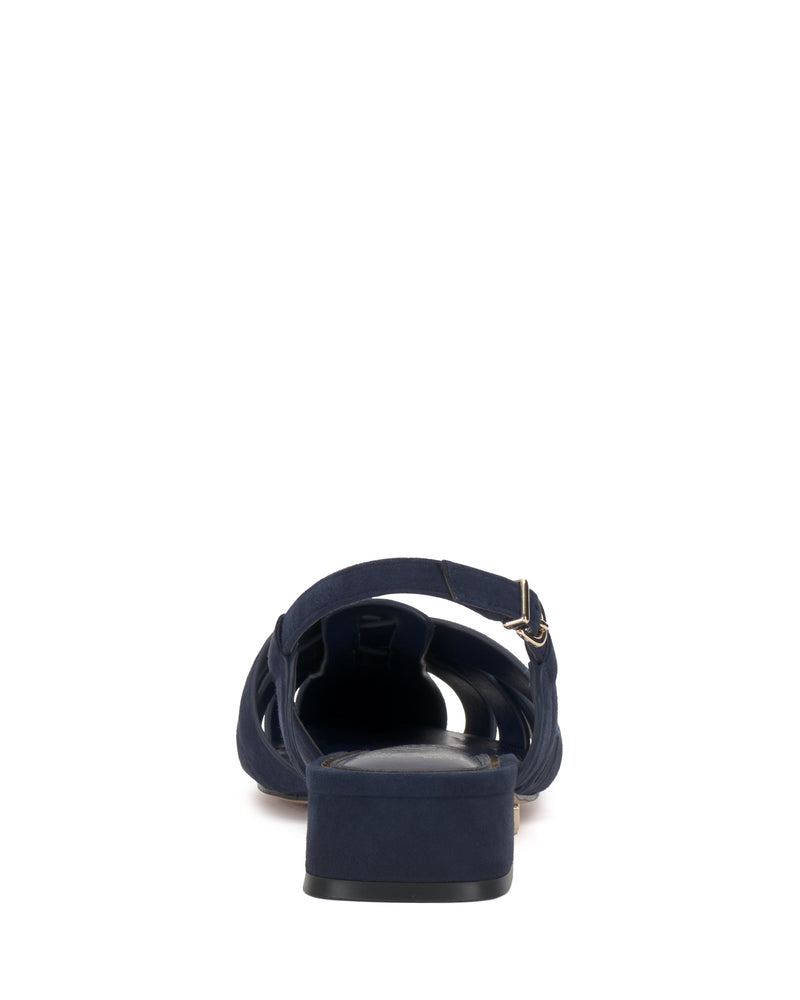 Rear view of the Vince Camuto Vinesha Sandal in navy blue, featuring a low block heel, ankle strap, and buckle, shown against a white background.