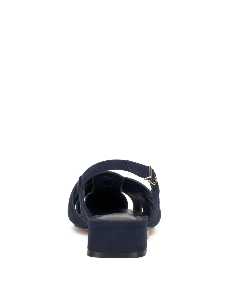 Rear view of the Vince Camuto Vinesha Sandal in navy blue, with a low block heel, ankle strap with silver buckle, and sleek design set against a white background.