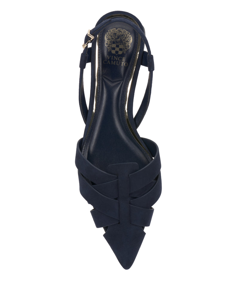 Top view of the Vince Camuto Vinesha Sandal, a dark blue pointed-toe women’s slingback flat with crisscross straps and buckle closure; Vince Camuto logo appears on the insole near the heel.