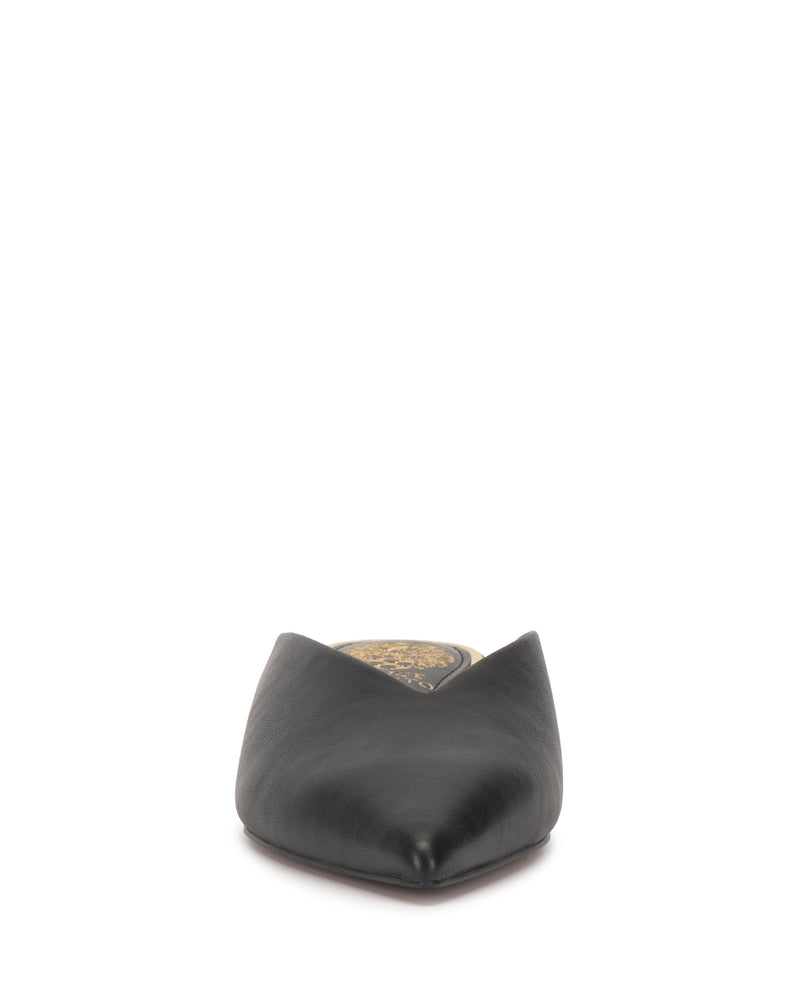 Front view of the Vince Camuto Vinia Mule—a black pointed toe wedge heel shoe with gold detailing on the insole—photographed against a white background.
