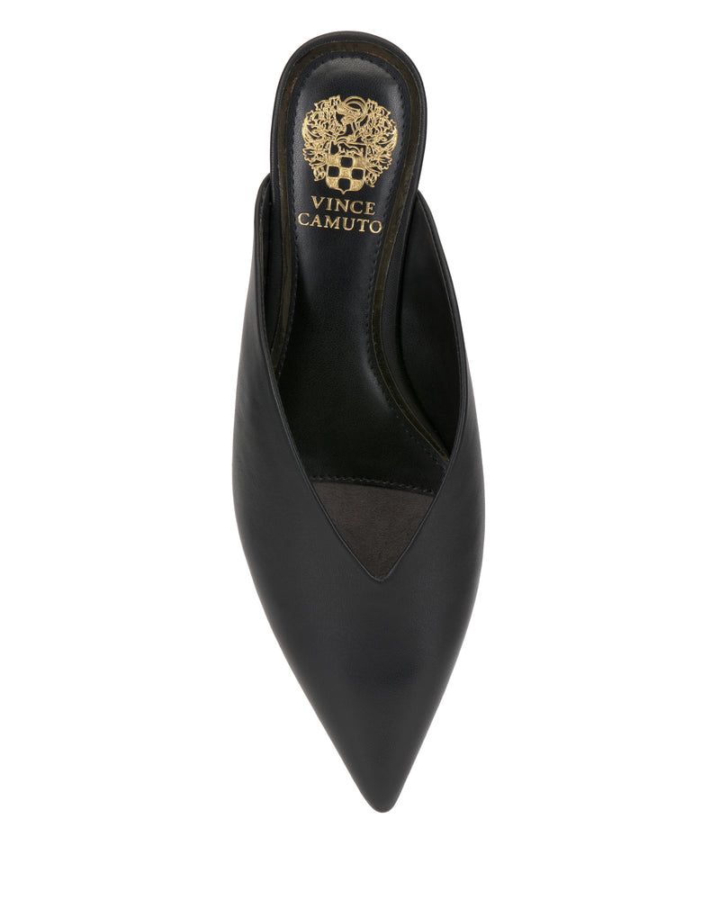 The Vinia Mule by Vince Camuto is a black pointed-toe shoe featuring a V-cut vamp, open back, and a gold Vince Camuto logo on the insole.