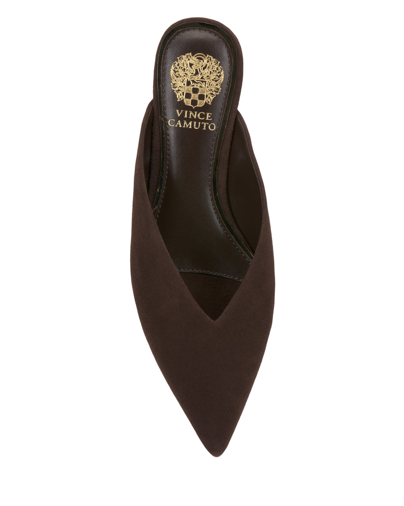 A top view of the Vinia Mule by Vince Camuto, a dark brown pointed-toe mule with a V-shaped vamp and black insole featuring the gold Vince Camuto logo at the heel.