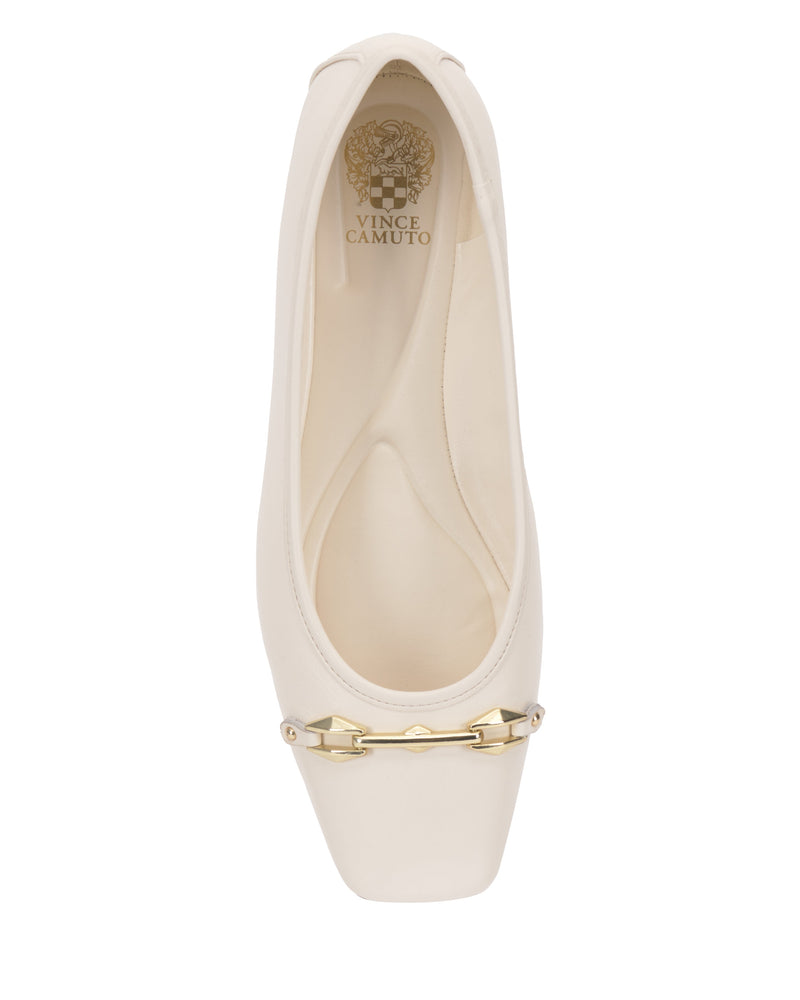 Top view of the Vince Camuto Virna Link Ballet Flat in cream, showcasing a square toe, polished front hardware, and gold brand logo on the insole—a versatile choice for any occasion.