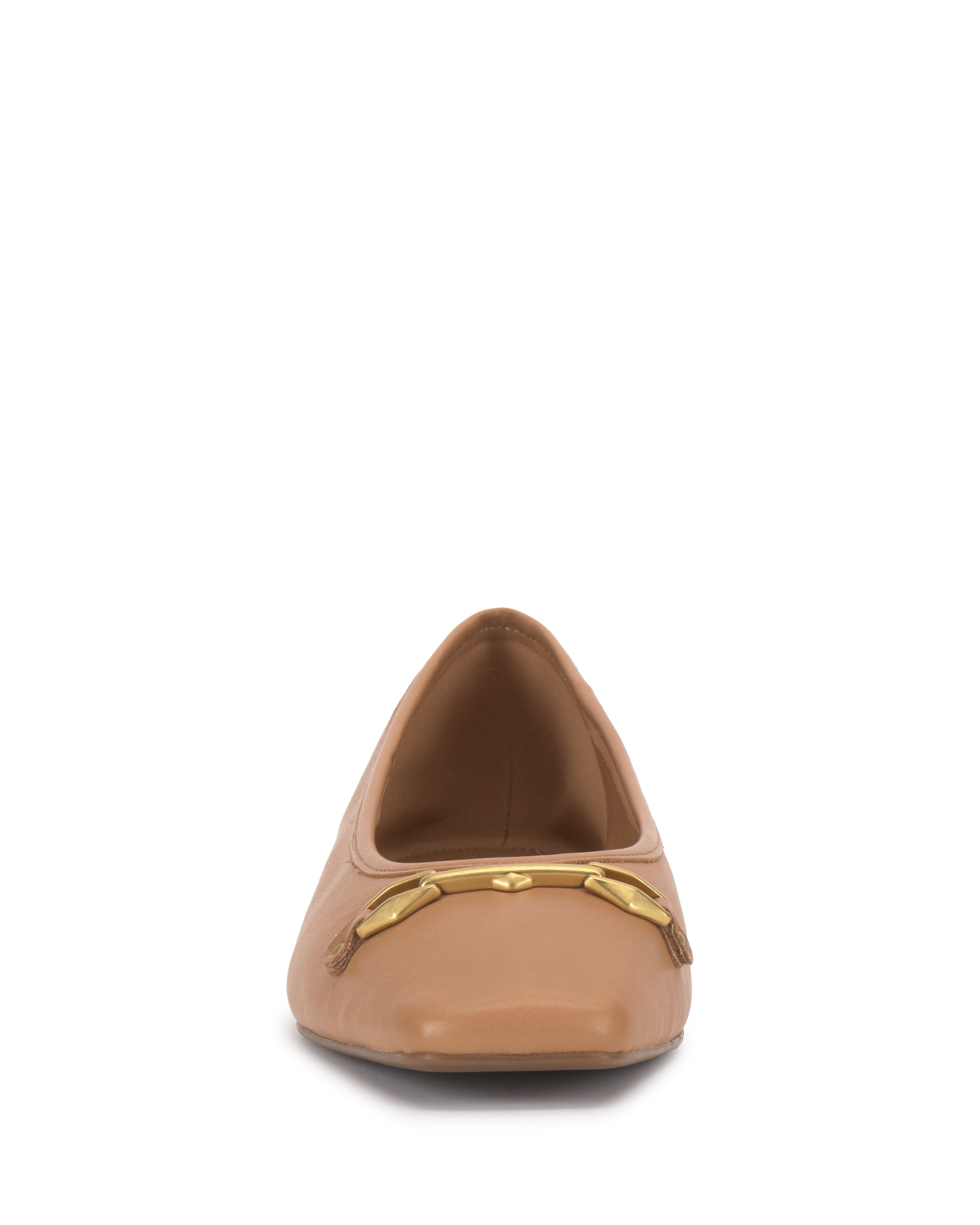 The Virna Link Ballet Flat by Vince Camuto is shown from the front in tan, featuring polished gold hardware on the toe and a minimalist smooth leather design for versatile style.