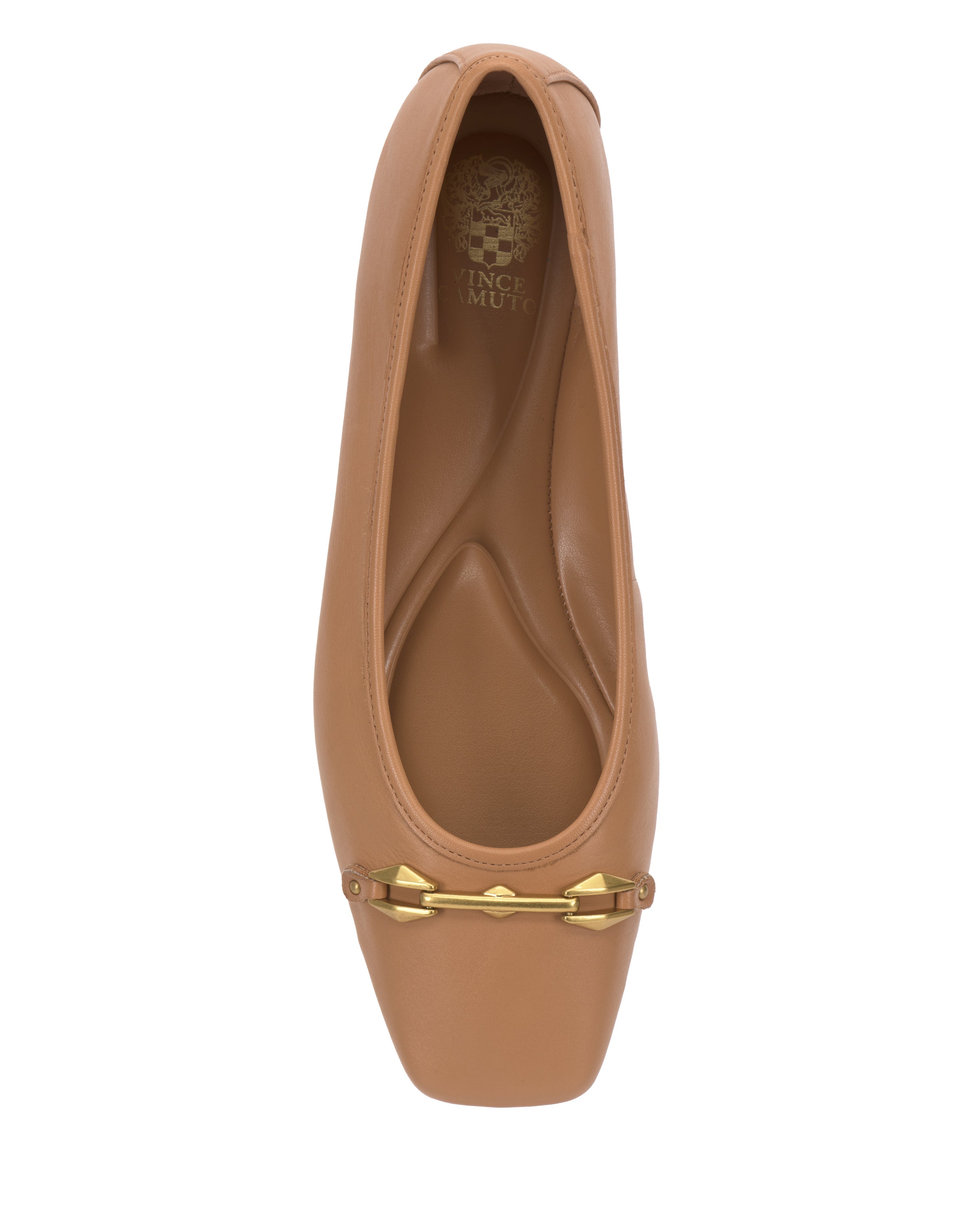 The Virna Link Ballet Flat by Vince Camuto features tan leather, a square toe, and polished gold hardware on the front. The versatile style showcases a visible insole with an embossed logo and is shown from above.
