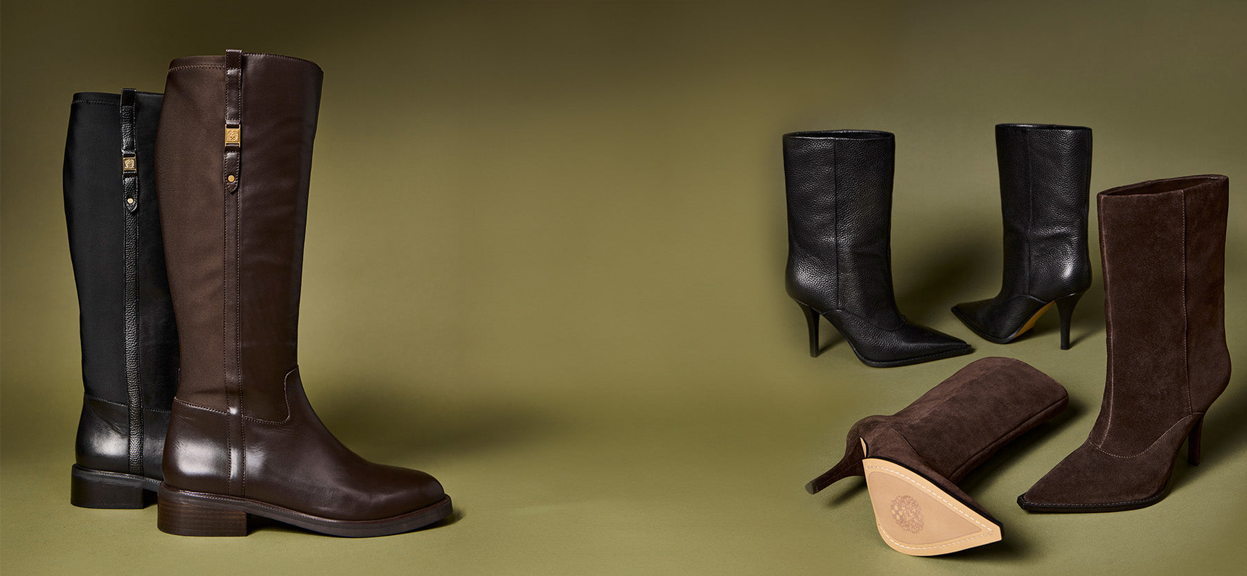 Annora Knee High Boots and Presca Booties on an olive green backdrop