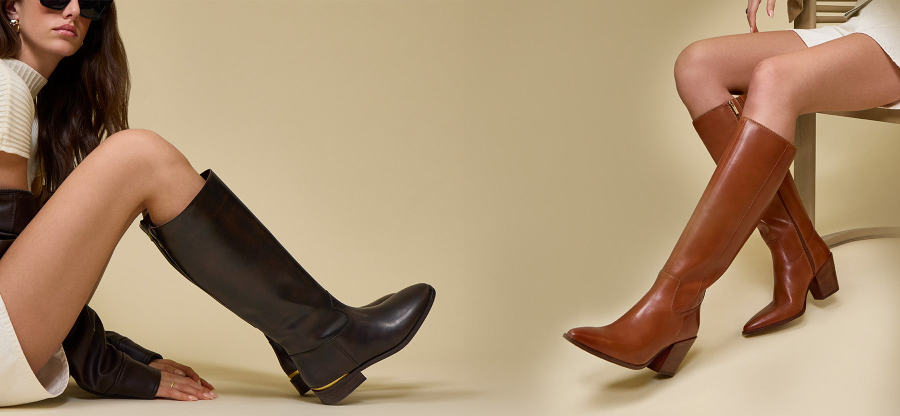 A split-screen fashion photo showing two models wearing knee-high leather boots. On the left, a model wears a black leather boot with a low block heel.