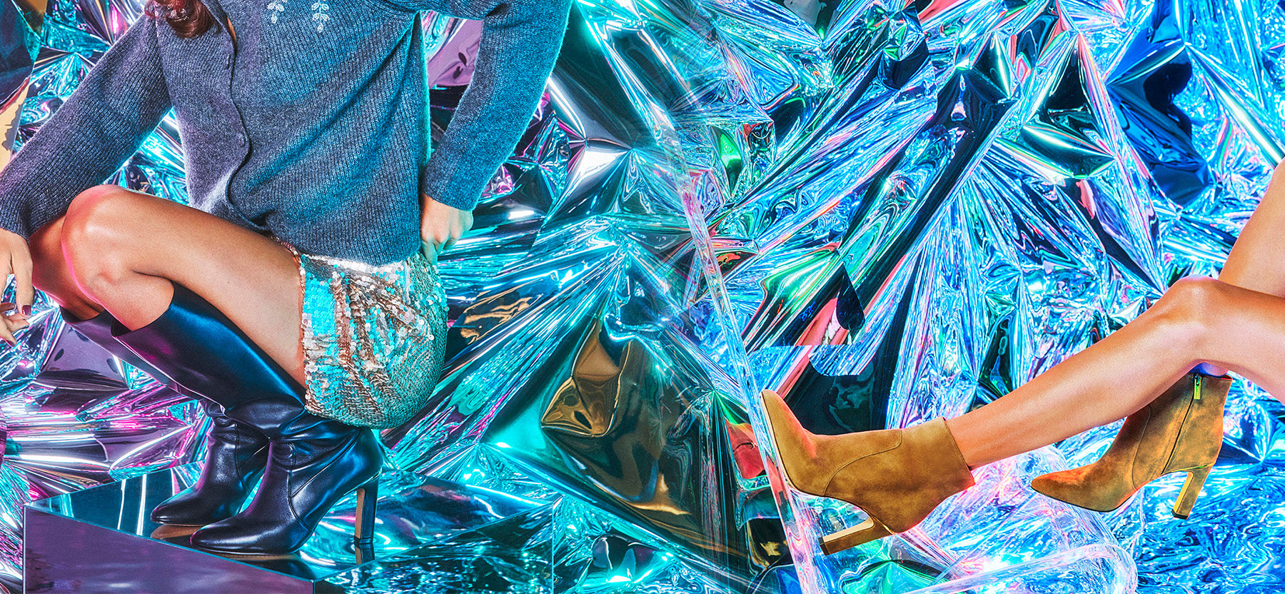 Model wearing the gylina knee high boot and model wearing the greer bootie