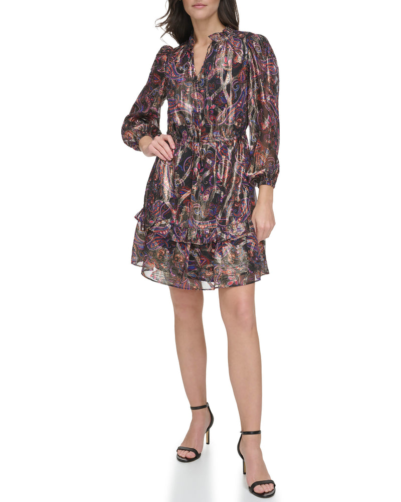 Petite Paisley-Print Tiered-Skirt Dress - Vince Camuto