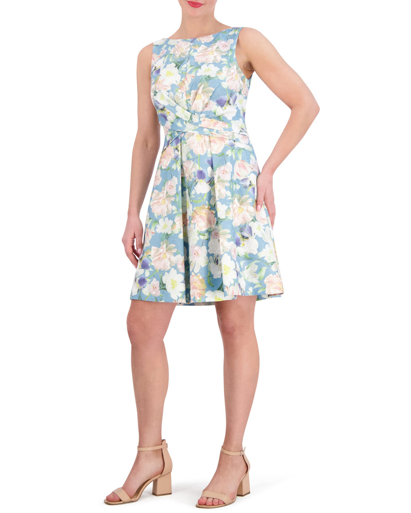 Floral-Jacquard Crisscross Bodice Dress - Vince Camuto