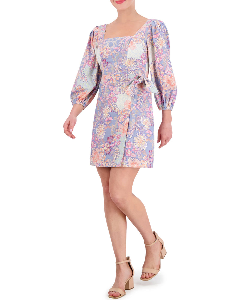 Floral-Print Smocked Geo-Neck Dress - Vince Camuto