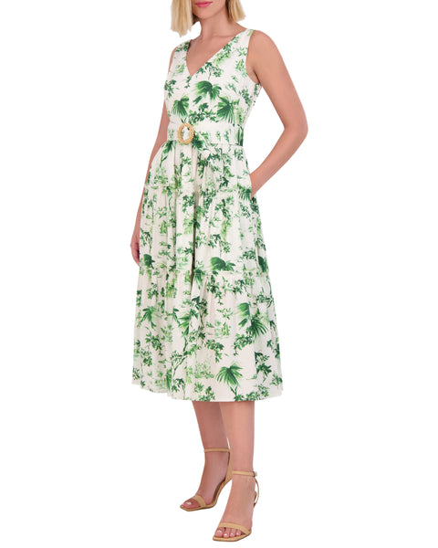 Petite Floral-Print Belted Tiered Dress - Vince Camuto