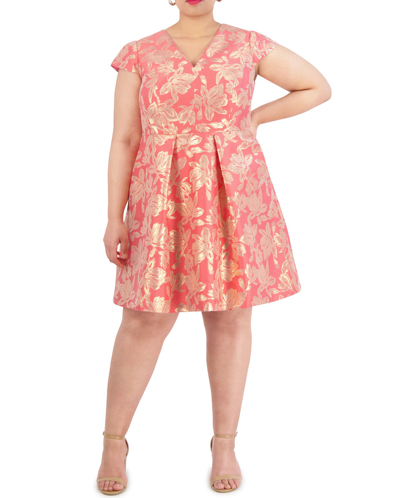 Plus-Size Floral-Jacquard Pleated V-Neck Dress - Vince Camuto