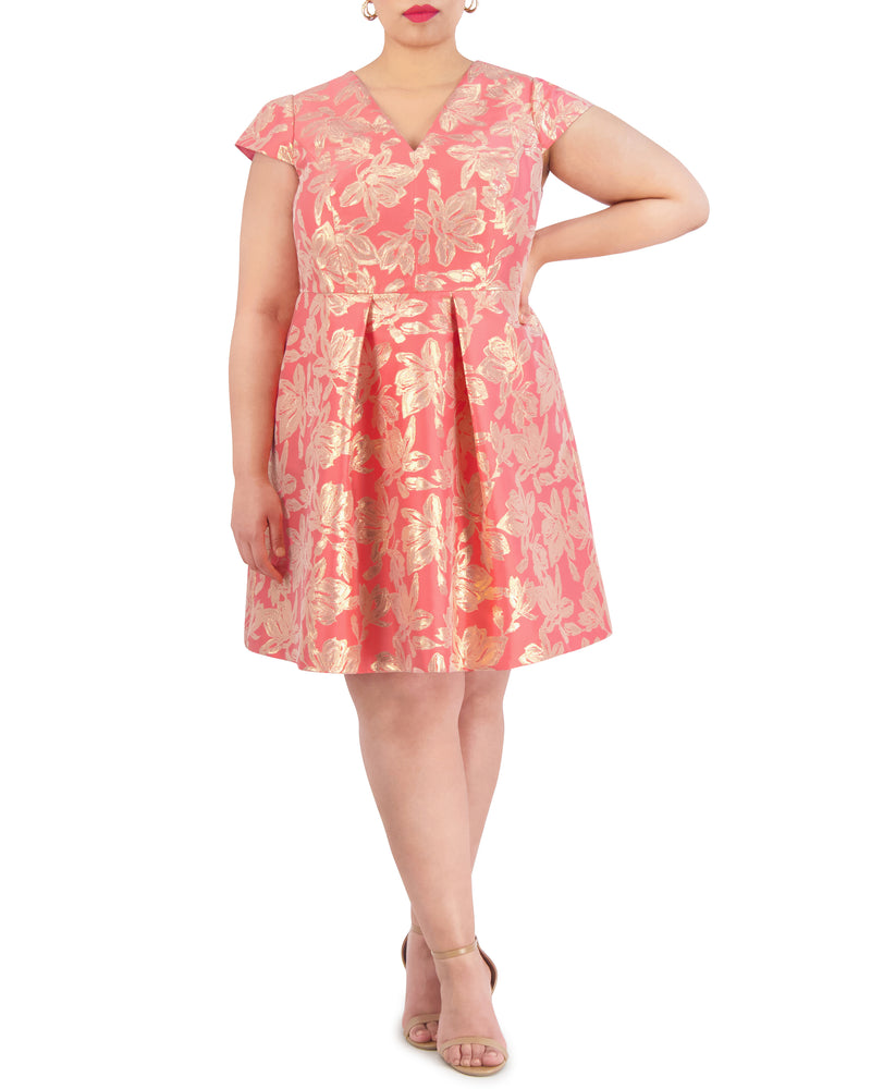 Plus-Size Floral-Jacquard Pleated V-Neck Dress - Vince Camuto