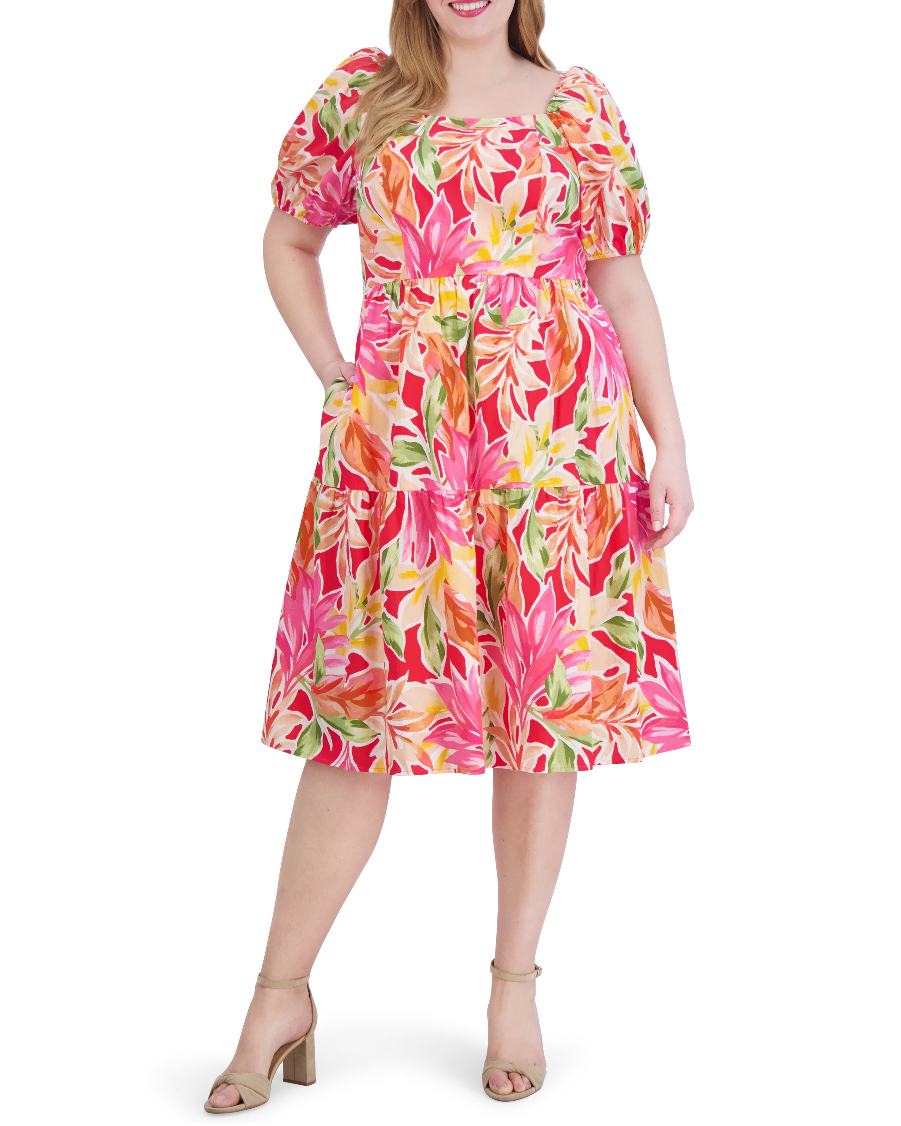 Plus-Size Printed Cotton Square-Neck Midi Dress - Vince Camuto