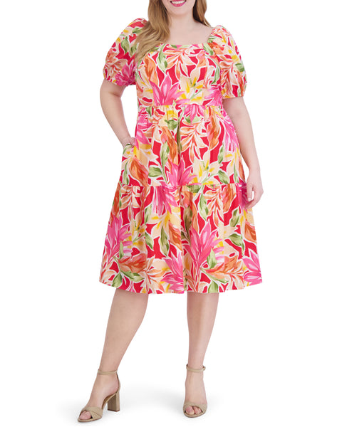 Plus-Size Printed Cotton Square-Neck Midi Dress - Vince Camuto
