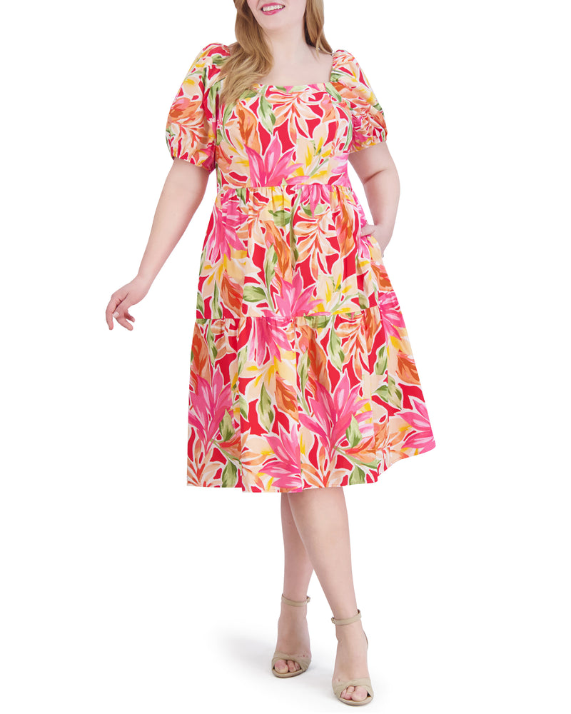 Plus-Size Printed Cotton Square-Neck Midi Dress - Vince Camuto