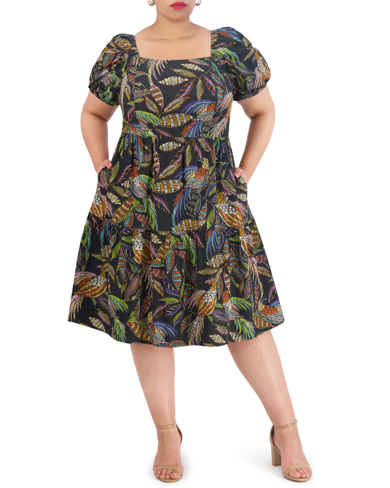 Plus-Size Printed Cotton Square-Neck Midi Dress - Vince Camuto