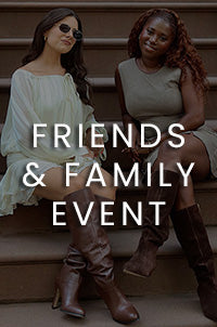 Two women sitting on outdoor steps with large overlaid text reading 'FRIENDS & FAMILY EVENT'. The scene is a real environment with people present, so this is Lifestyle rather than Product/Packaging.