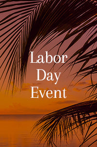 A tropical sunset graphic with palm leaves silhouetted against an orange and pink sky, with the text 'Labor Day Event' centered in white.