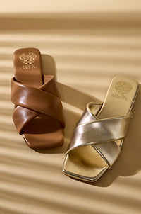 Pair of brown and gold open-toe sandals on a beige background