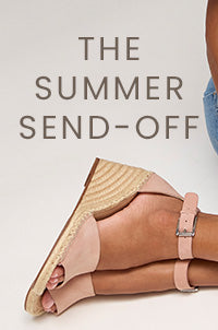 A person reclining with one foot raised, wearing a light pink espadrille sandal with a woven straw wedge and a pale pink ankle strap. Large text at the top reads 'THE SUMMER SEND-OFF'.