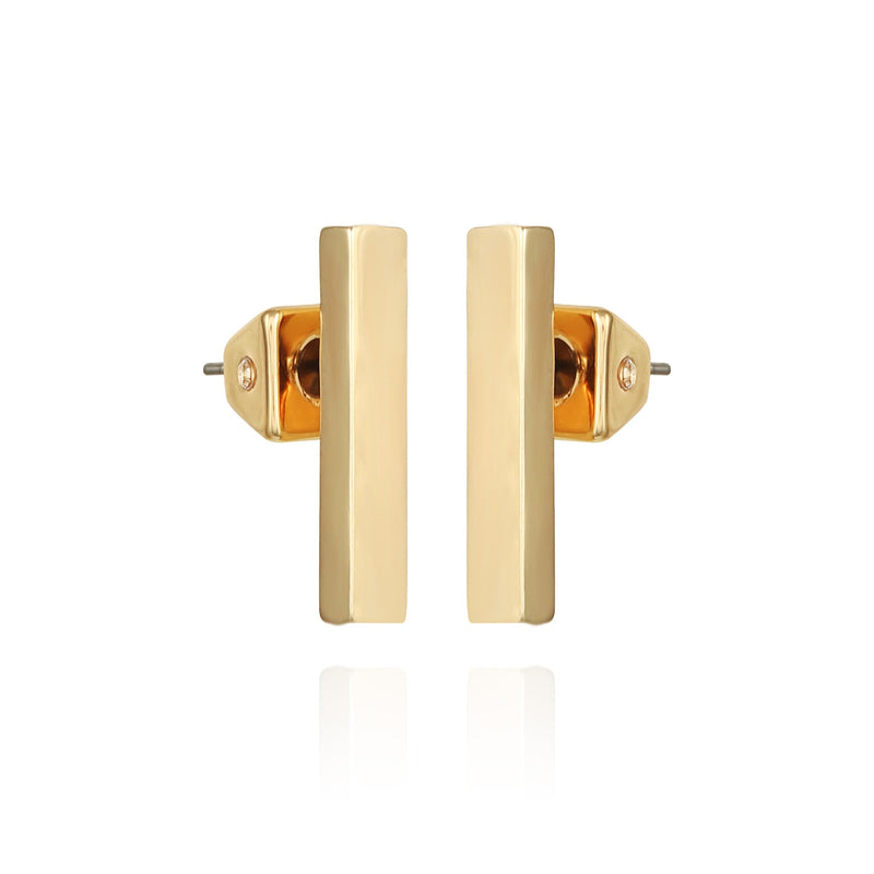 Vince Camuto Rectangle Bar Stud Earrings feature a shiny, polished gold finish—ideal for everyday wear—displayed against a white background.