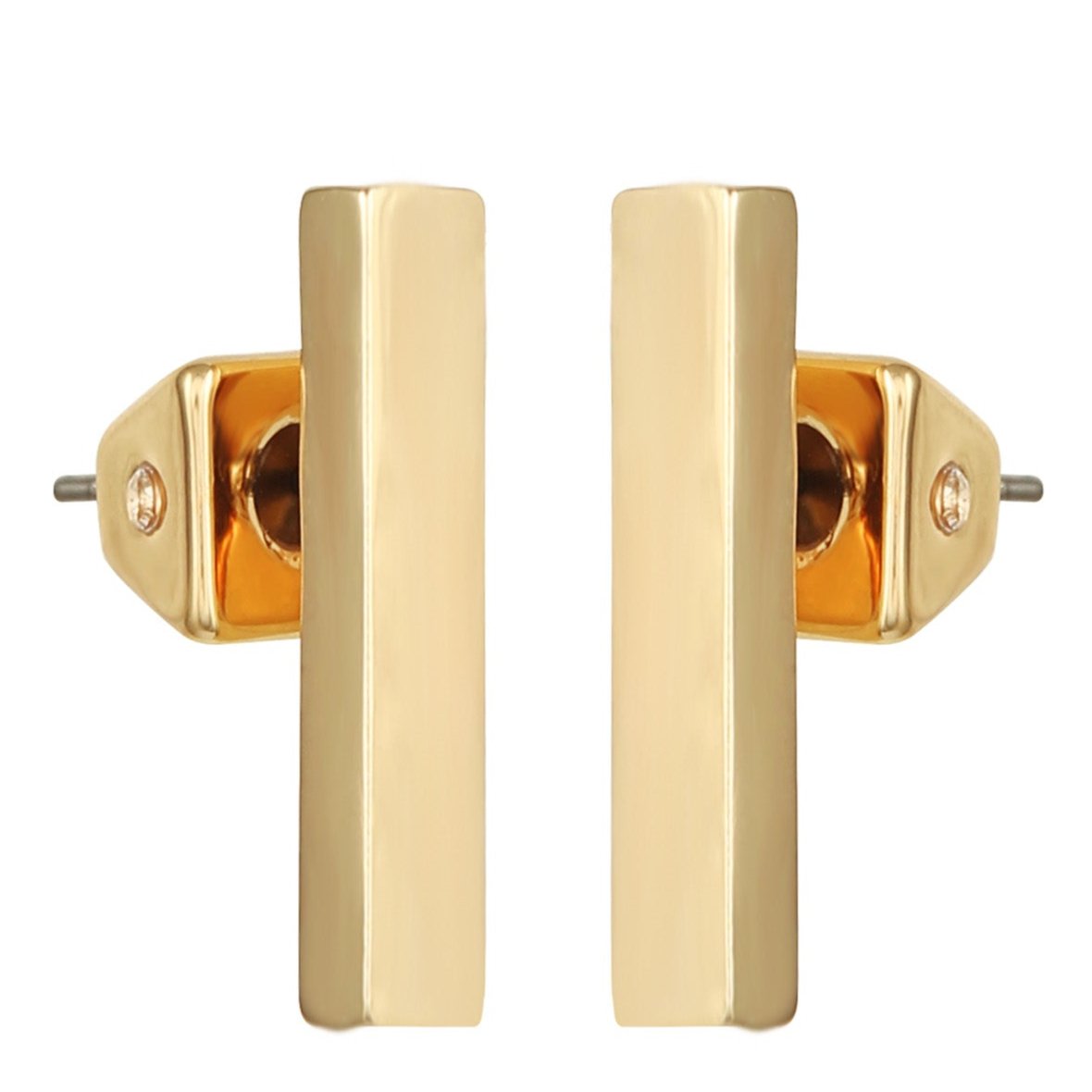 The Vince Camuto Rectangle Bar Stud Earrings feature a polished gold finish and sleek rectangular design, displayed upright on a white background—ideal for everyday accessorizing.